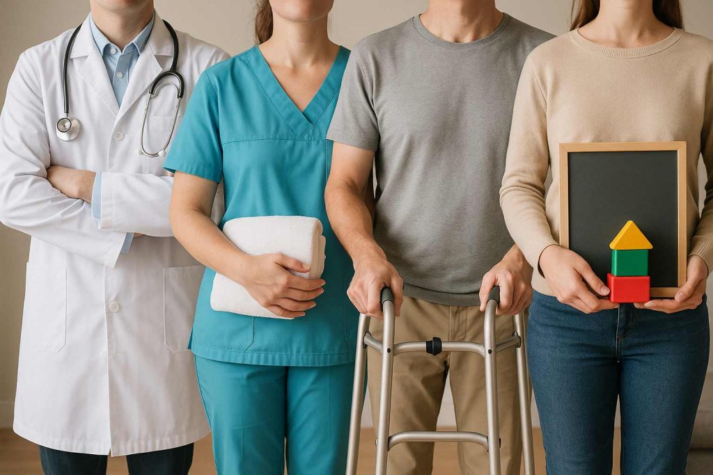 Vier Personen, die vier Berufsfelder repräsentieren: Medizinische Berufe, Pflege, Therapeutische Berufe, Pädagogische Berufe.